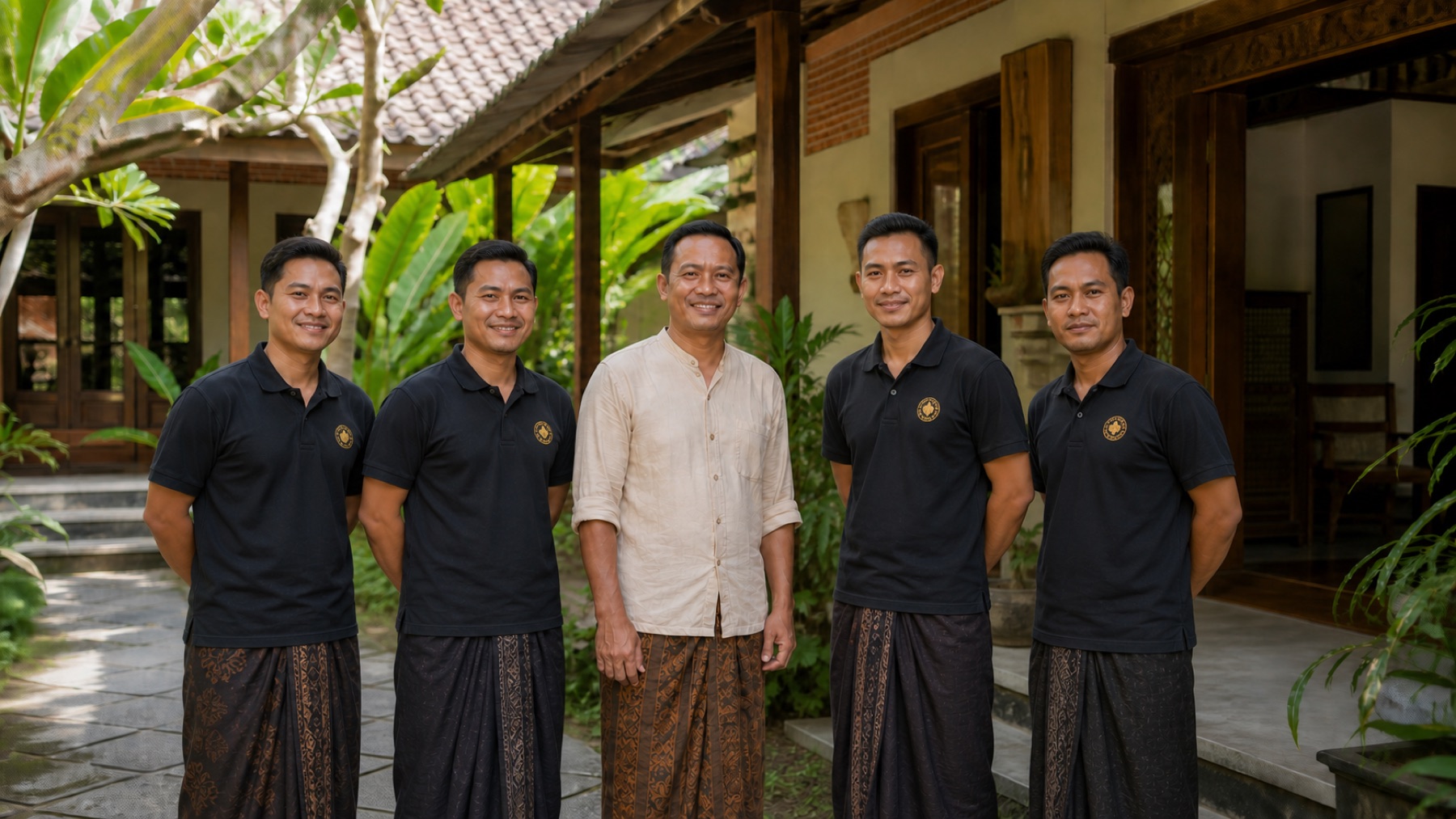 AI photography reference showing Putra with four male Suparsa staff in black logo polo shirts